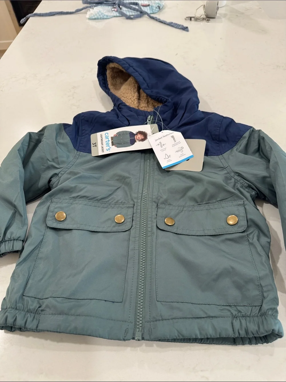 NWT Carters Toddler Boy 3T Lightweight Hooded Jacket Colorblock Green Navy Coat